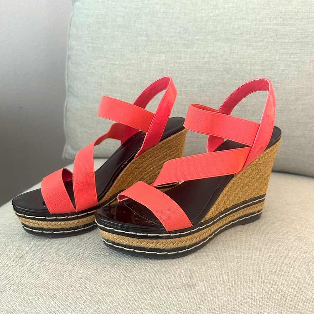 Charles and David pink and black wedge sandals.